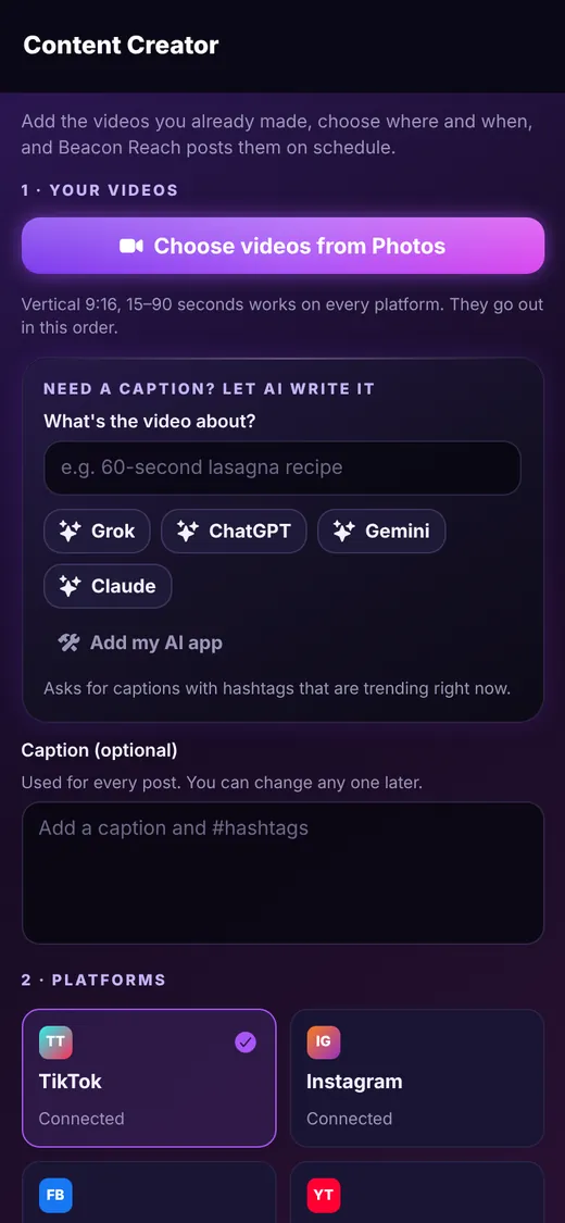 Content Creator screen with video picker, AI caption helper and platform choices
