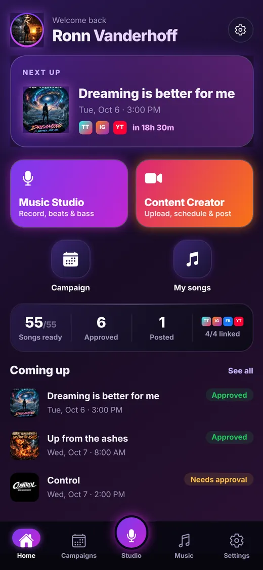 Beacon Reach home screen with next post, quick actions and weekly stats